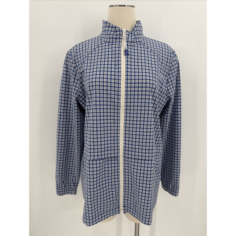 T by Talbots Womens Blue Plaid Lightweight Zip Windbreaker Size Medium Coastal